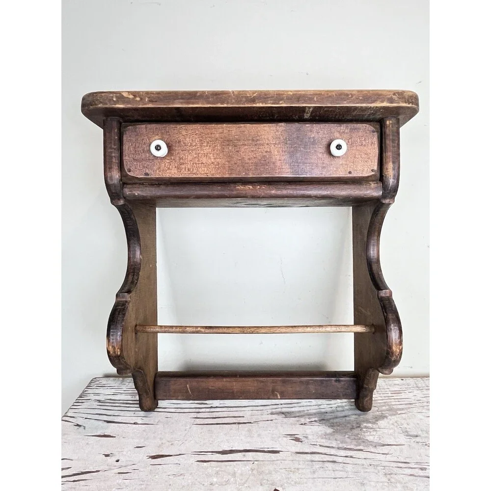 Vintage Rustic Wooden Shelf White Knob Drawer Hand Linen Bar Farmhouse 16”x15”